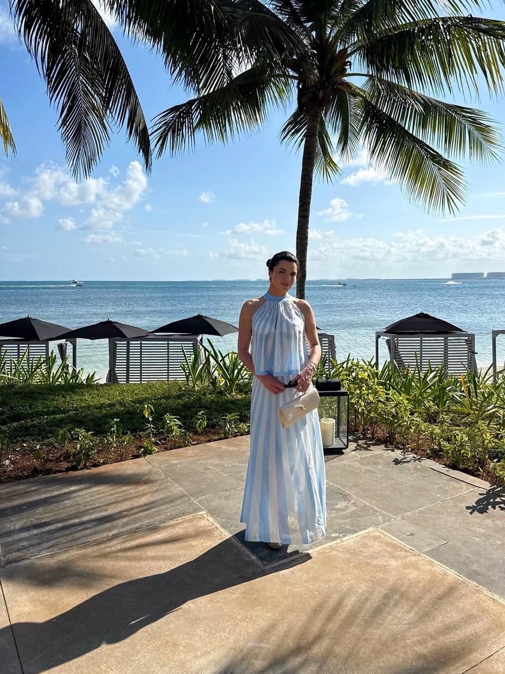 Light Blue and White Striped Halter Maxi Dress